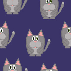 seamless pattern with emotional gray cats on a purple background