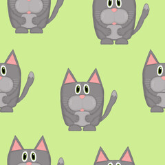 seamless pattern with emotional gray cats on a light green background