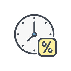 Clock with percentage color line icon. Time to pay taxes vector outline colorful sign.