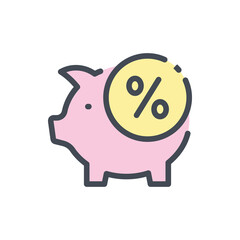 Piggy bank with percentage coin color line icon. Savings, Investments and Profit vector outline colorful sign.
