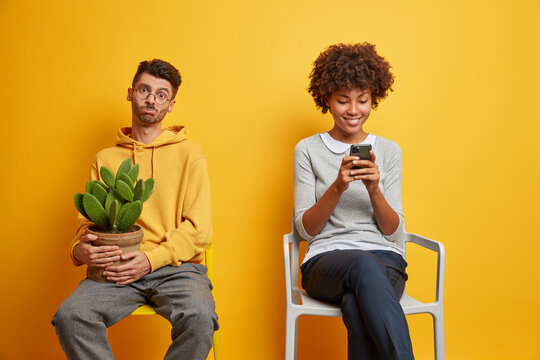 Cheerful addicted African American woman browses internet on modern smart phone has happy expression bored man poses with cactus in pot on chair isolated over yellow background. People at home