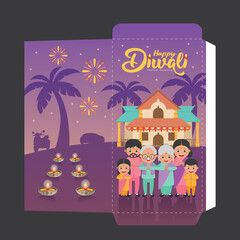 Diwali or Deepavali packet template design. Hindu festival pattern design with with cute cartoon Indian family with traditional house