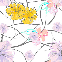 Pink Flowers Blooming Pattern. Pastel Watercolor.