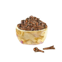 Watercolor dried cloves in bowl. Hand drawn aromatic spice isolated on white. Element for cooking, recipe, drink, packaging design. Natural ingredient for seasoning.