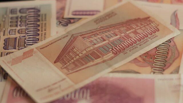 Old Yugoslavian Billions Dinars Banknotes From Hyperinfration 1990s Period Close Up Full Frame