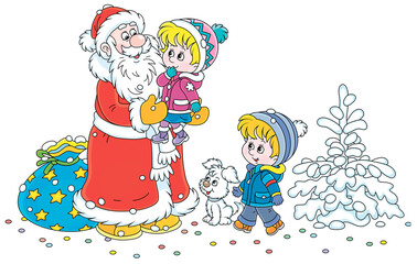 Santa Claus with his magical bag of Christmas gifts for small children playing in a snowy winter park, the old magician smiling and holding a happy little girl in arms, vector cartoon illustration