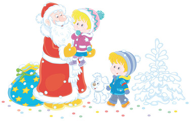 Obraz na płótnie Canvas Santa Claus with his magical bag of Christmas gifts for small children playing in a snowy winter park, the old magician smiling and holding a happy little girl in arms, vector cartoon illustration