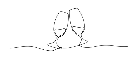 Continuous line drawing. Cheers wine glasses.