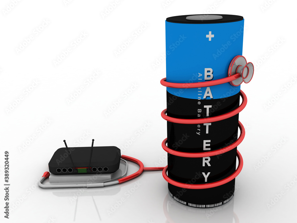 Poster 3d rendering transmitter wifi with stethoscope connected battery