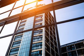 Closeup modern blue glass building