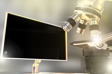 pharmaceutical work concept, lab electronic microscope and monitor with blank space for your content with flare on bokeh background - object 3D illustration