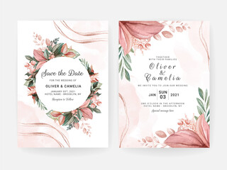Obraz premium Floral wedding invitation template set with brown and peach roses flowers and leaves decoration. Botanic card design concept
