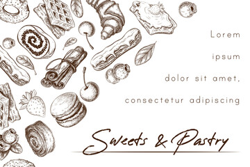 engraved bakery or pastry banner, background, frame, card template isolated on white. vector sketch illustration of sweet desserts, pastries and berries. vintage style. for bakery, baking shop design.