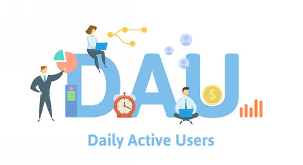 DAU, Daily Active Users. Concept with keywords, people and icons. Flat vector illustration. Isolated on white background.