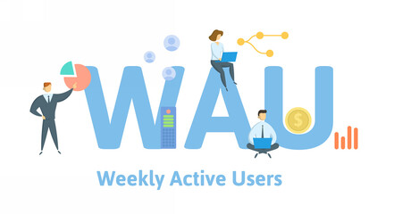 WAU, Weekly Active Users. Concept with keywords, people and icons. Flat vector illustration. Isolated on white background.