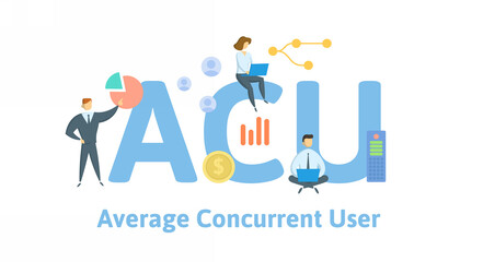 ACU, Average Concurrent User. Concept with keywords, people and icons. Flat vector illustration. Isolated on white background.
