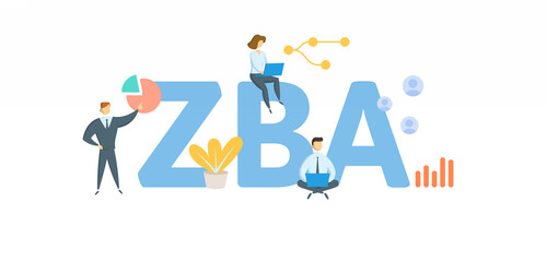 ZBA, Zero Balance Account. Concept with keywords, people and icons. Flat vector illustration. Isolated on white background.