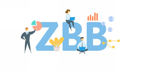 ZBB, Zero Based Budgeting. Concept with keyword, people and icons. Flat vector illustration. Isolated on white background.