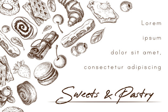 engraved bakery or pastry banner, background, frame, card template isolated on white. vector sketch illustration of sweet desserts, pastries and berries. vintage style. for bakery, baking shop design. - Powered by Adobe