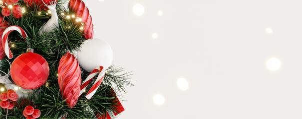 Close up Christmas tree and decoration with copy space . 3d rendering