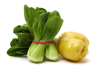 Pok Choi and potato on white background