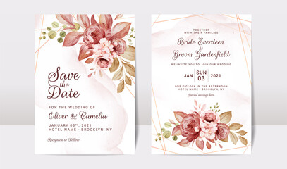 Floral wedding invitation template set with brown and peach roses flowers and leaves decoration. Botanic card design concept