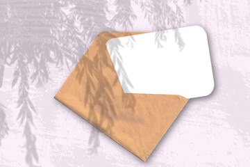 An envelope with sheets of textured white paper on the pink background of the table. Mockup overlay with the plant shadows. Natural light casts shadows from a willow branch