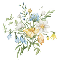 Watercolor bouquet with gently summer meadow flowers, branches and leaves, isolated on white. Aesthetic modern composition in boho style, floral arrangements, wedding  delicate flowers