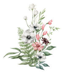 Watercolor bouquet with gently summer meadow flowers, branches and leaves, isolated on white. Aesthetic modern composition in boho style, floral arrangements, wedding  delicate flowers