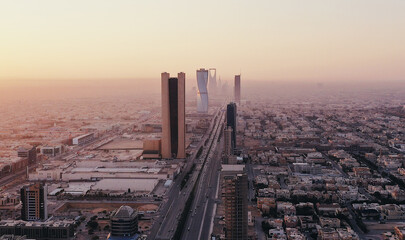 Skyline of Riyadh, SAUDI ARABIA along King Fahd Road highway in the morning