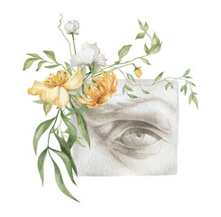 Watercolor sculpture element and flower bouquet, gypsum eye and foliage. 
