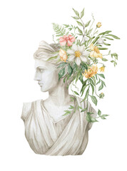 Watercolor composition with Diana bust and flower bouquet. Woman sculpture and foliage. God head and leaves. Ancient statue in the garden.