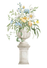 Watercolor composition with flower bouquet in antique vase. Aesthetic element of summer garden. Floral decoration, botanical elements. Delicate, romantic, vintage, botanical art