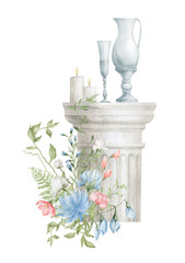 Watercolor illustration with architectural element and flowers. Column in the garden, park with flowers. Summer bouquet, glasses and a jug. 