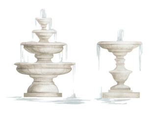 Watercolor antique fountain, architecture garden element, ancient sculpture. Baroque fountain in the park.  - 389322641