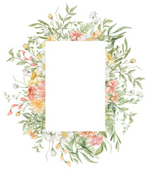 Watercolor floral frame. Bright summer flowers, meadow field, spring peach and yellow flower and leaves. Frame for wedding invitation, card, logo, greeting, promo. Delicate, romantic, feminine art