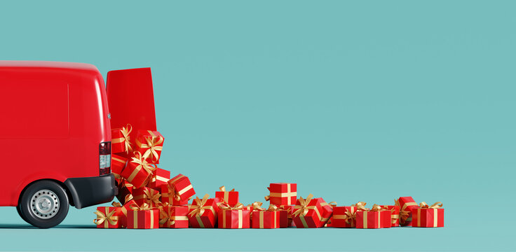 Santa Claus van delivering gifts. Christmas concept. 3d rendering
