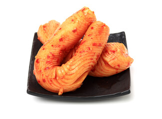 sliced radish kimchi  on white background
