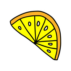 Vector outline black illustration of one slice yellow and orange fresh lemon isolated on a white background