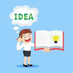 Businesswoman inspired with idea from book, illustration vector cartoon
