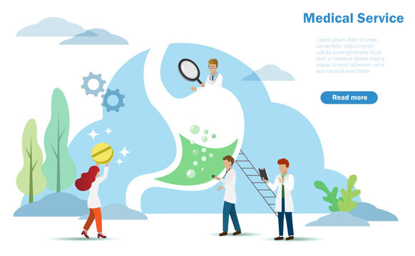 Medical service and healthcare in hospital concept. Group of Doctor team, diagnosis and curing patient gastric ulcers with medicine pills. Landing page, Vector Illustration. 