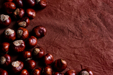 Horse chestnuts. Autumn background. Flat lay. Nature concept. Ripe chestnuts on sack napkin close up with copy space. Roasted Chestnuts for Christmas.