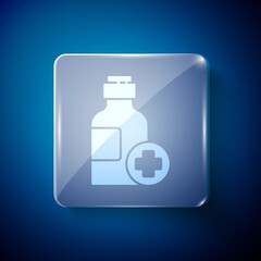 White Bottle of medicine syrup icon isolated on blue background. Square glass panels. Vector Illustration.