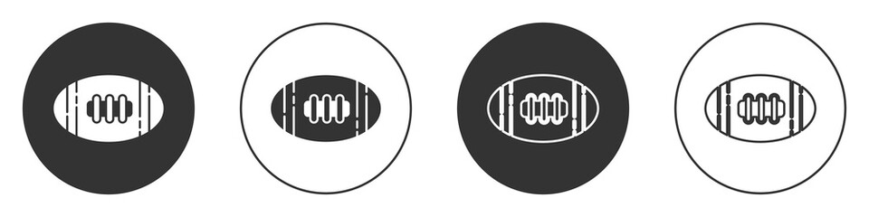 Black American Football ball icon isolated on white background. Rugby ball icon. Team sport game symbol. Circle button. Vector Illustration.
