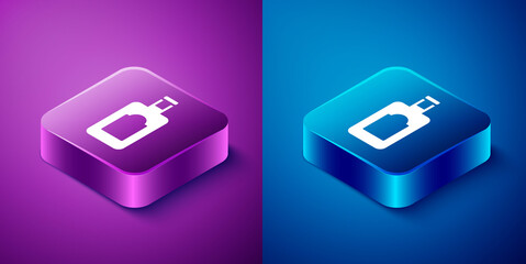 Isometric Whiskey bottle icon isolated on blue and purple background. Square button. Vector Illustration.