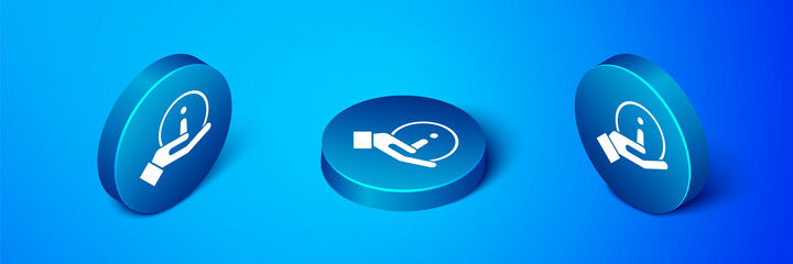 Isometric Information icon isolated on blue background. Blue circle button. Vector Illustration.