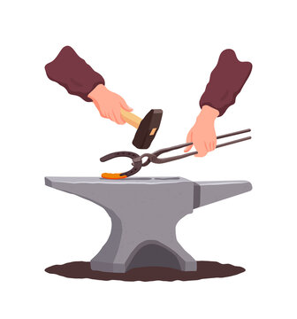 Blacksmith. Anvil. Hands Holding Tongs And A Hammer. A Red-hot Horseshoe. Vector Illustration In Flat Style.