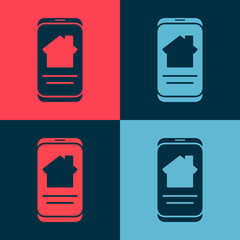 Pop art Online real estate house on smartphone icon isolated on color background. Home loan concept, rent, buy, buying a property. Vector Illustration.