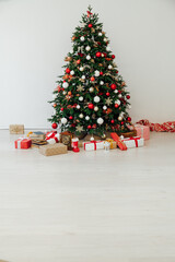 Christmas tree with gifts decor New Year interior postcard