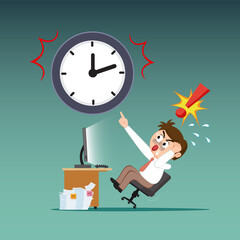 Shocked businessman sitting at office point at clock, illustration vector cartoon